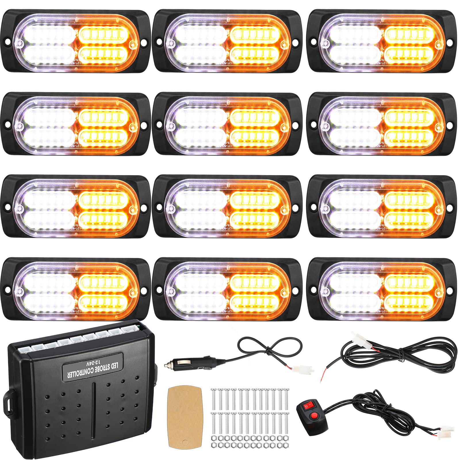 Photo 1 of 12 Pcs Emergency Lights for Vehicles Truck Flush Mount LED Emergency Lights with Control Box Wiring Hazard Warning Amber Strobe Lamp for Vehicle Truck Car Roadside