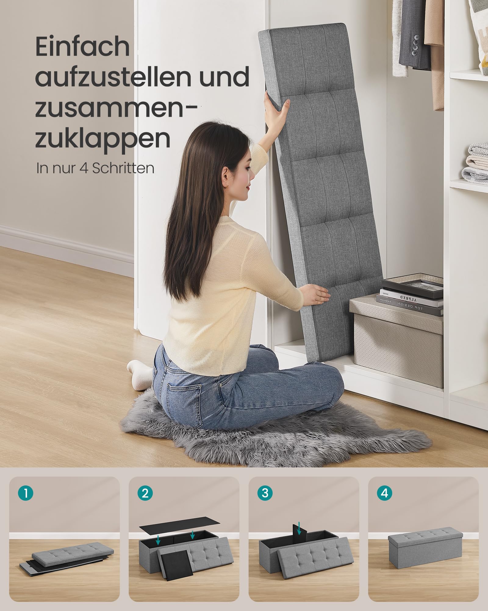 SONGMICS Sitzhocker mit Stauraum, klappbare Sitzbank, 38 x 110 x 38 cm Fußbank, Aufbewahrungsbox, bis 300 kg belastbar, für Wohnzimmer Schlafzimmer Flur, aschgrau LSF77G 7