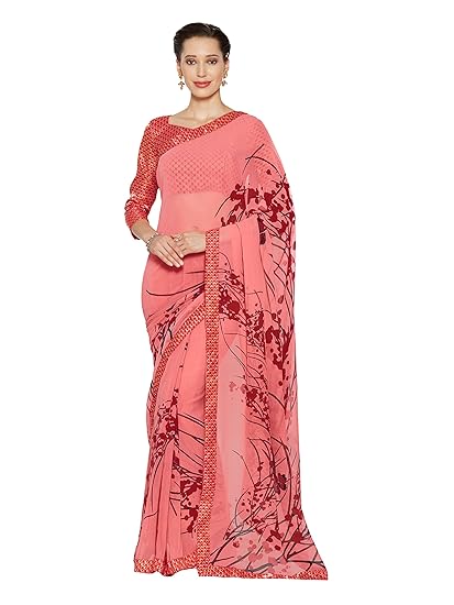 Womens Faux Georgette Printed Saree With Un-Stitched Blouse Fabric (3398 - Peach - Free Size)