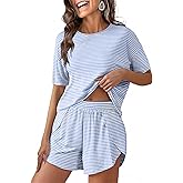 ANRABESS Womens Striped Pajamas Sets 2026 Summer 2 Piece Lounge Matching Short PJ Set Side Split Spring Sleepwear Outfits