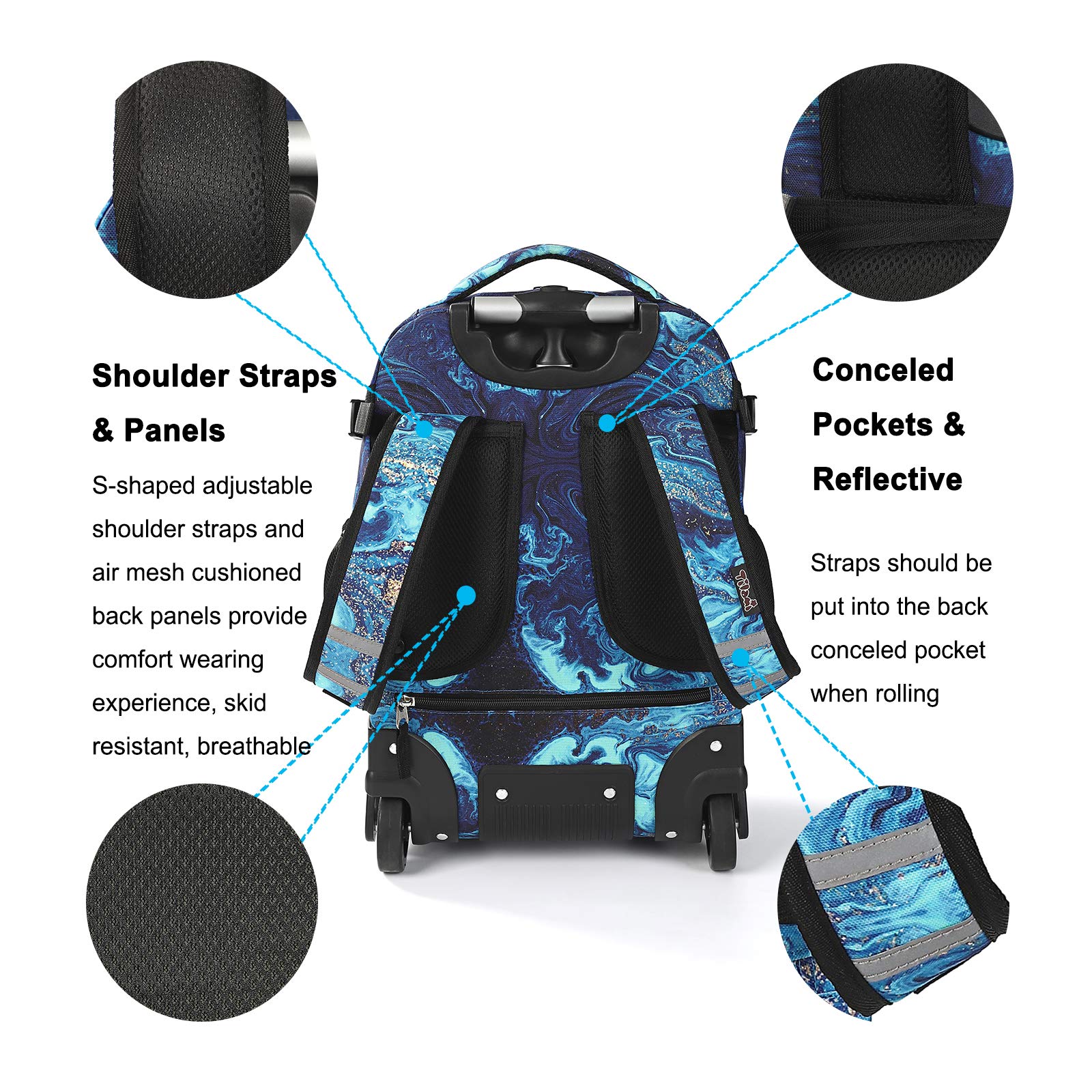 Tilami Rolling Backpack 18 inch Wheeled Laptop Backpack School College Student Travel Trip Boys and Girls (Blue Wave)