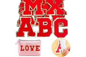 Jongdari Chenille Letter Patches Self Adhesive Letters,Iron on Letters for Clothing, 26pcs Varsity Fuzzy Patch Letters Glitter Stick on Letters - Red