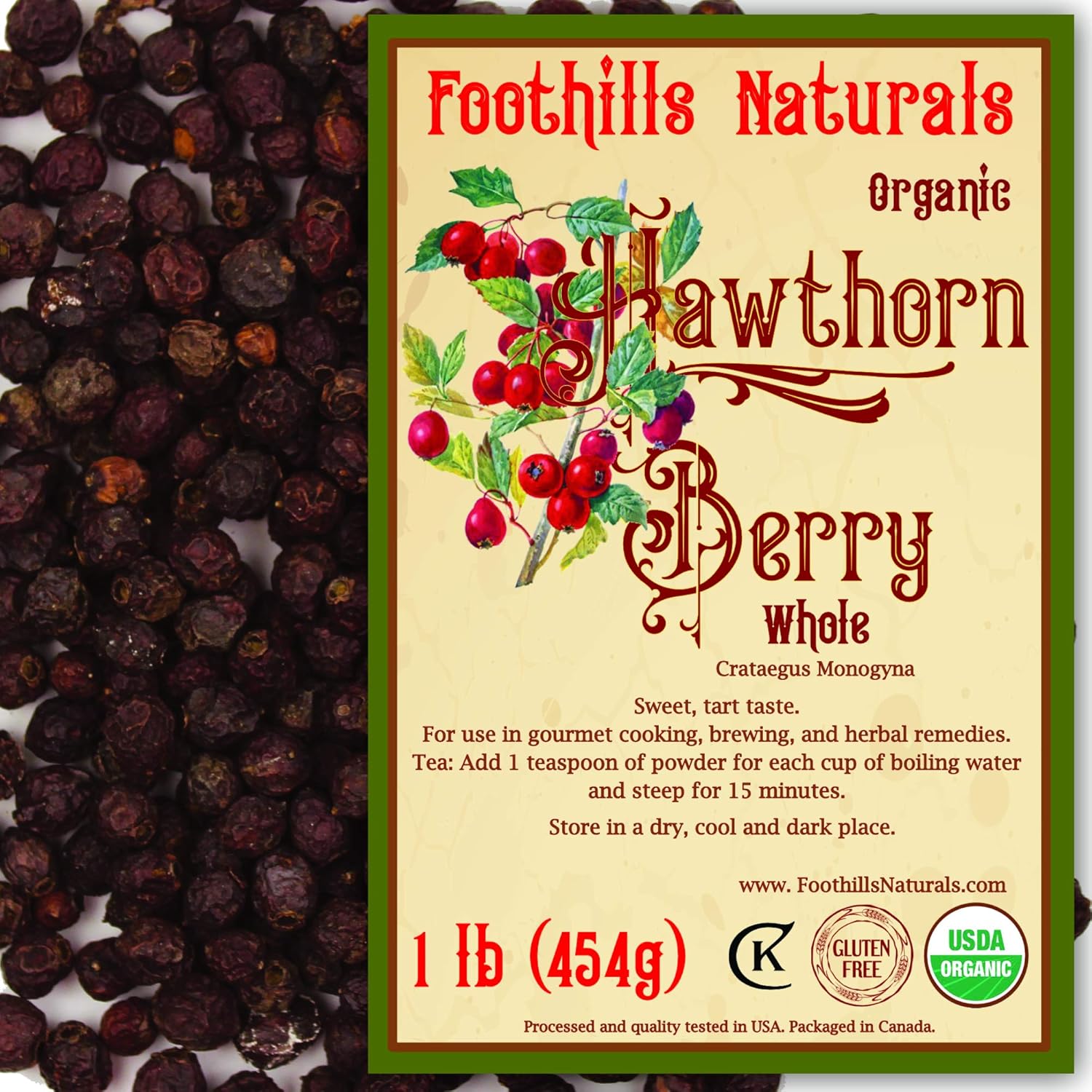 Foothills Naturals Organic Hawthorn Berries Whole 1 Pound (454 g