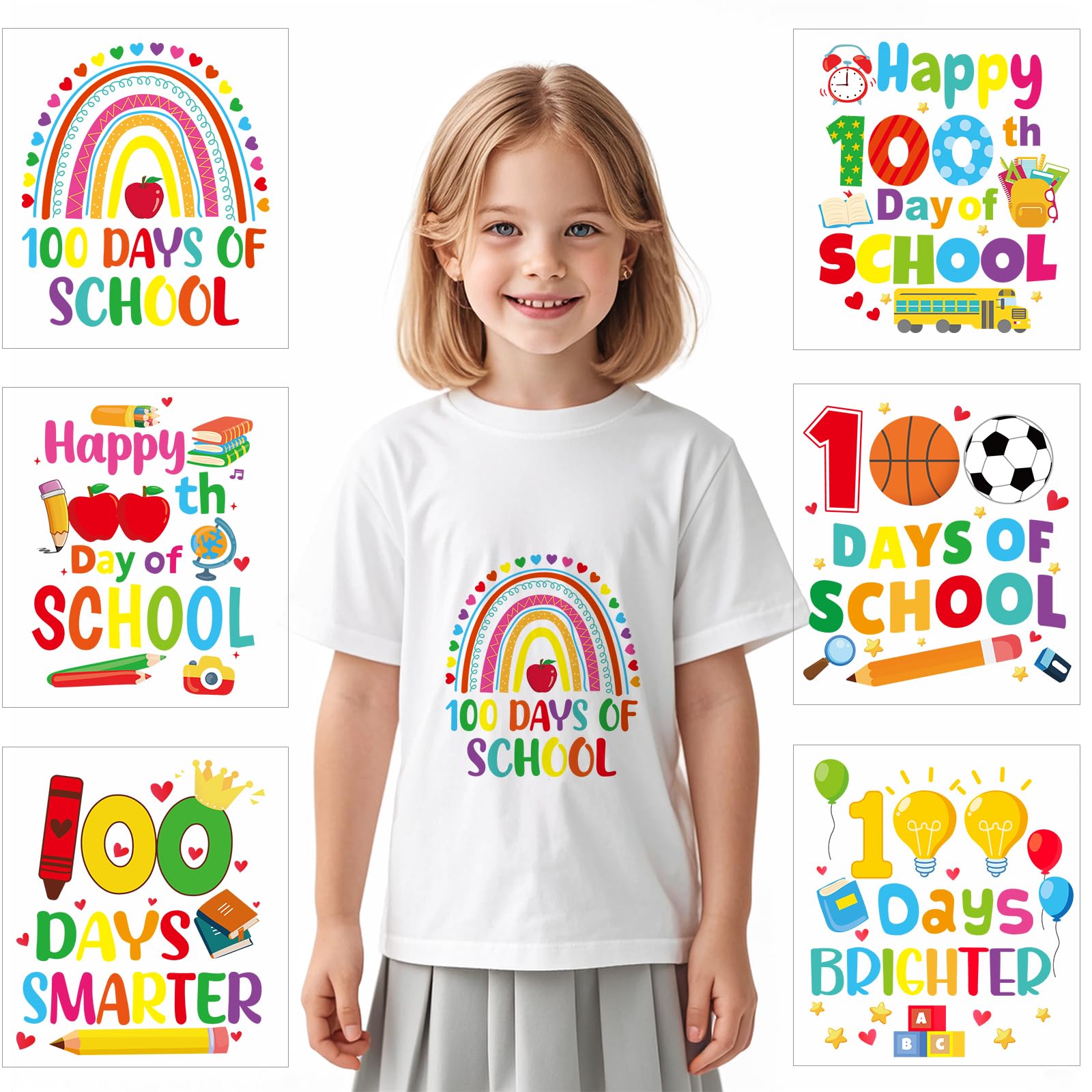 Photo 1 of 6 Pcs 100 Days of School Transfer Iron on Patches 100th Day of School Heat Iron on Transfers Stickers for T-Shirts DIY Clothing Bag Craft