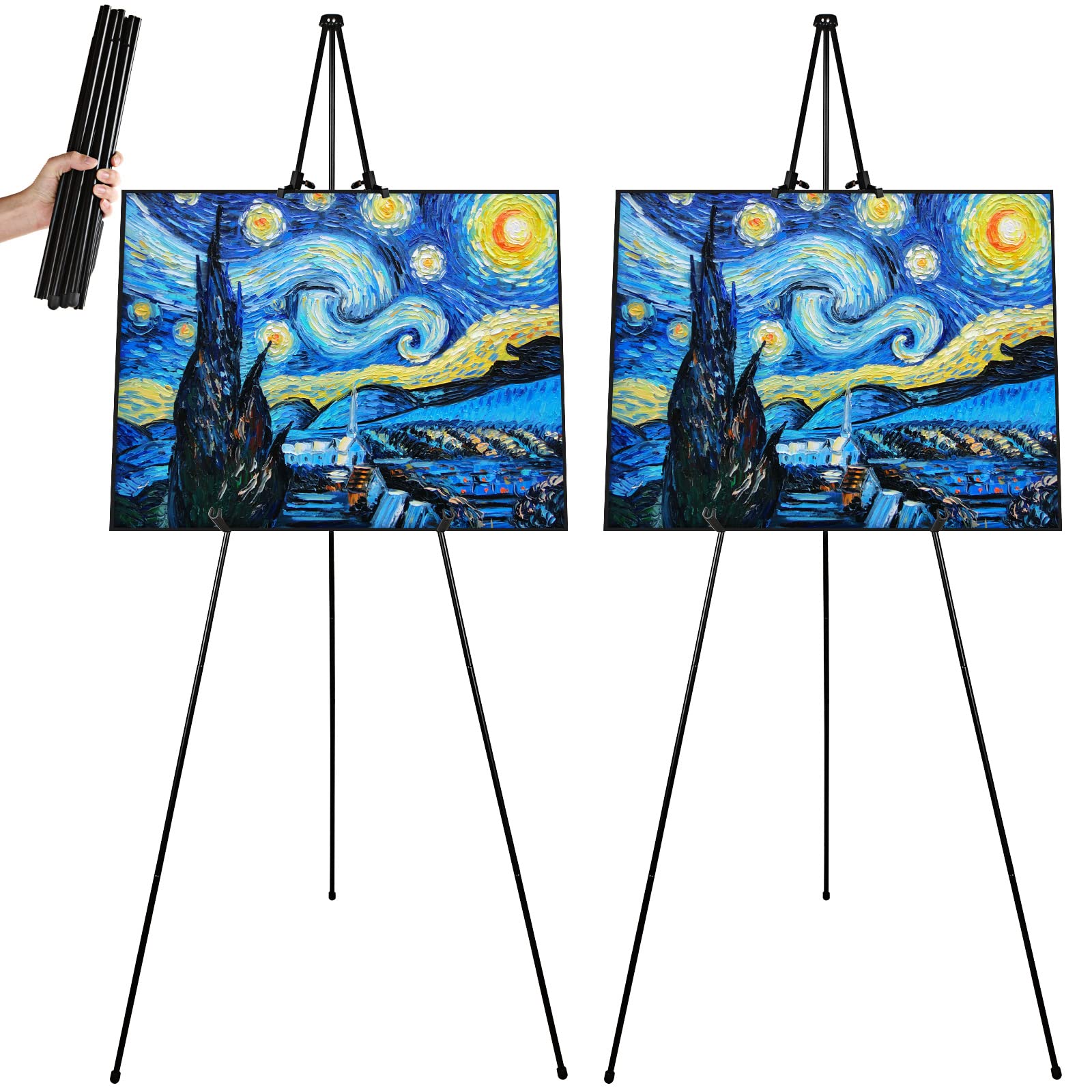 Photo 1 of LOEQIAN 2 Pack Easel Stand 63 Inches Foldable Artist Floor Easels for Displaying Pictures, Black Easel Stand for Display Wedding Sign, Art Poster - Adjustable Art Poster Metal Tripod (Portable)