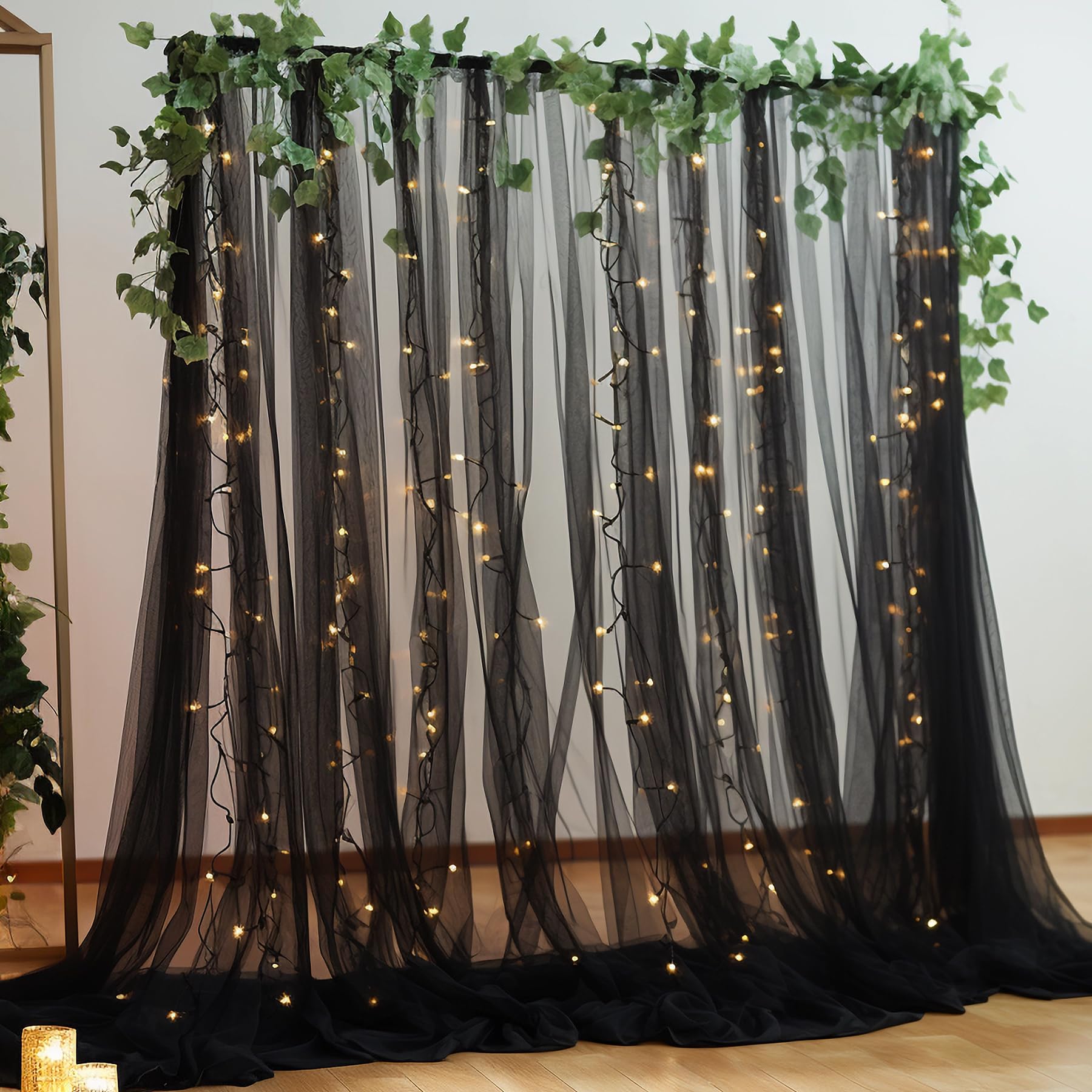 Photo 1 of 10×8ft Black Tulle Curtain Backdrop with Lights String for Parites, Sheer Backdrop Curtain Drapes for Wedding Photo Baby Shower Photography Birthday Party
