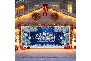 IVN Christmas Garage Door Cover Decoration 13x6ft Blue Night Snowflakes Silver Ornaments Pine Branches Merry Christmas Winter Garage Door Banner Home Door Front Yard Decor for Xmas Eve Holiday Outdoor