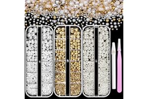 CYNAILLI 3 Boxes Gold Flatback Pearls for Crafting, White Beige Half Round Pearl Nails Art Charms, Mix Size 2-8 mm Beads Nail Pearls for Nail Art Jewels Face Makeup with Pickup Pencil Tweezer
