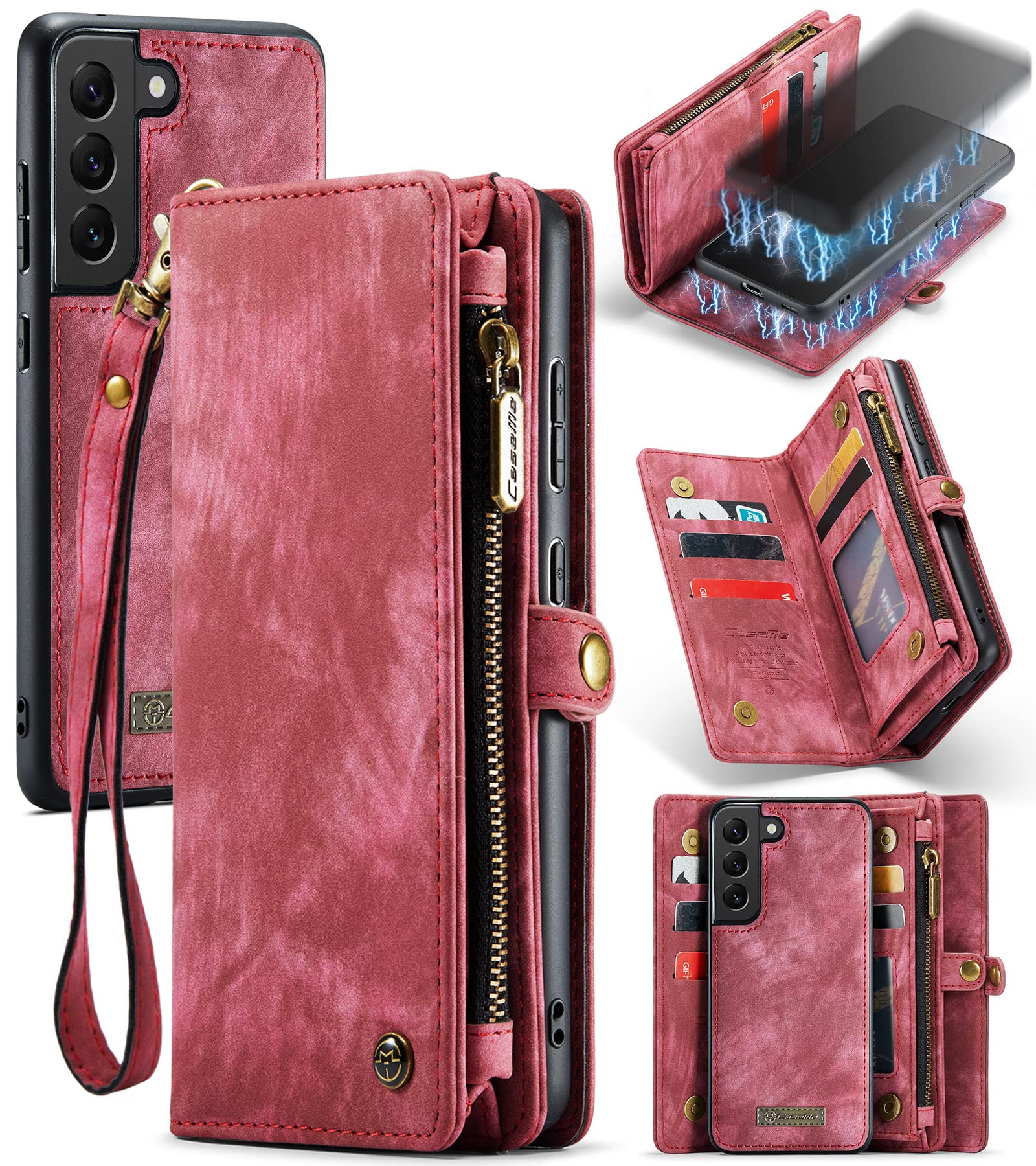 UFinetech 2-in-1 Samsung Galaxy S21 Case Wallet TPU Leather Design Flip Magnetic Card Holder Slot Luxury Zipper 2021 Detachable Stylish Cover Purse Holster for Samsung Galaxy S21 5G Women Men Red