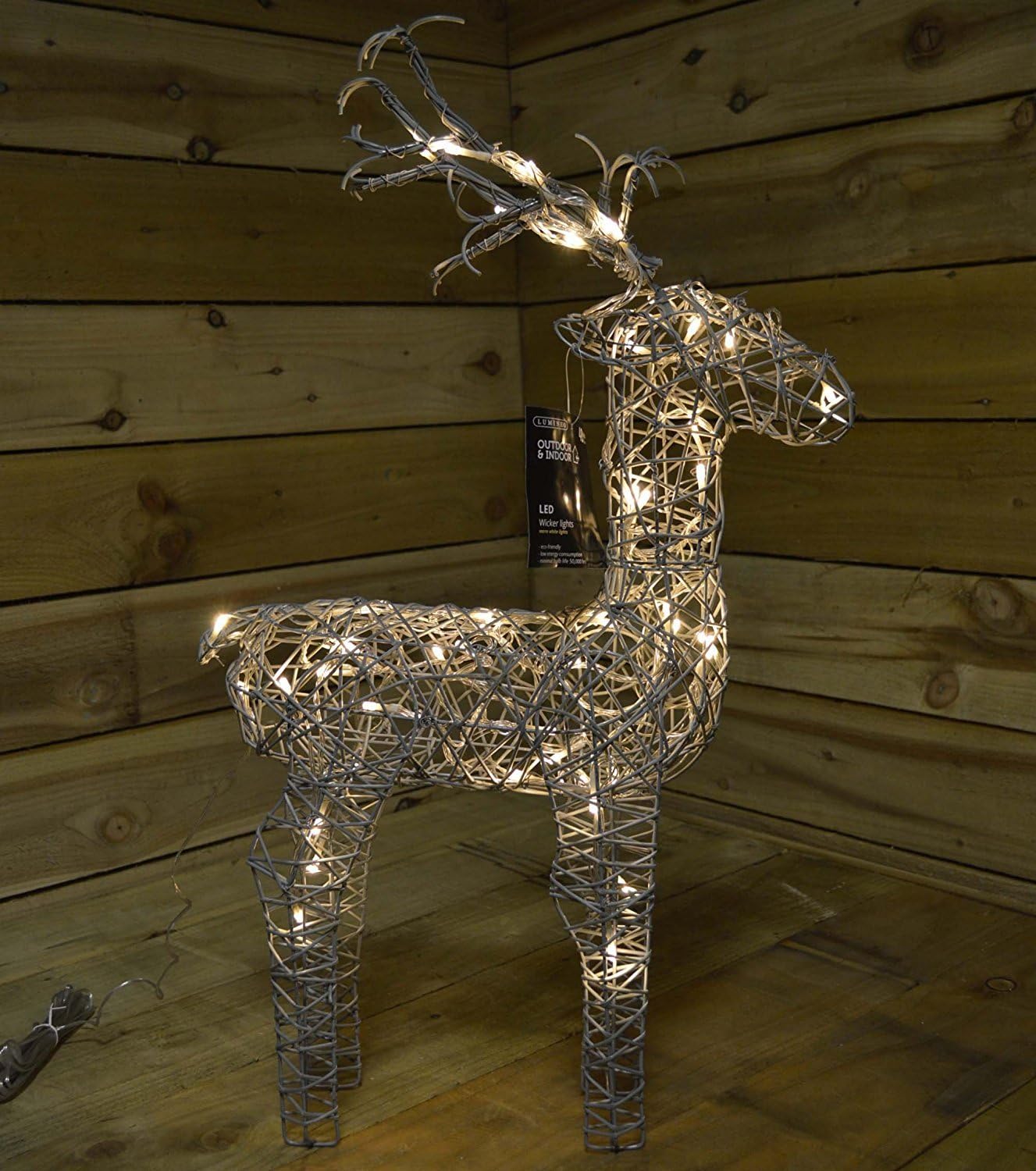 Lumineo 83cm Grey Wicker Light Up LED Reindeer Decoration 72 Warm White