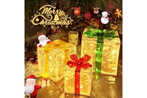 LORRYTE Set of 3 Christmas Lighted Boxes Decorations Indoor Outdoor, 60 LED Christmas Light Up Present Box with 8 Modes, Battery Powered Gift Box for Xmas Tree Yard Home Porch Holiday Lawn Decor(Warm White)
