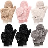 Jeere 6 Pairs Fur Flip Mittens Women for Winter Warm Soft Half Finger Fingerless Convertible Fuzzy Gloves