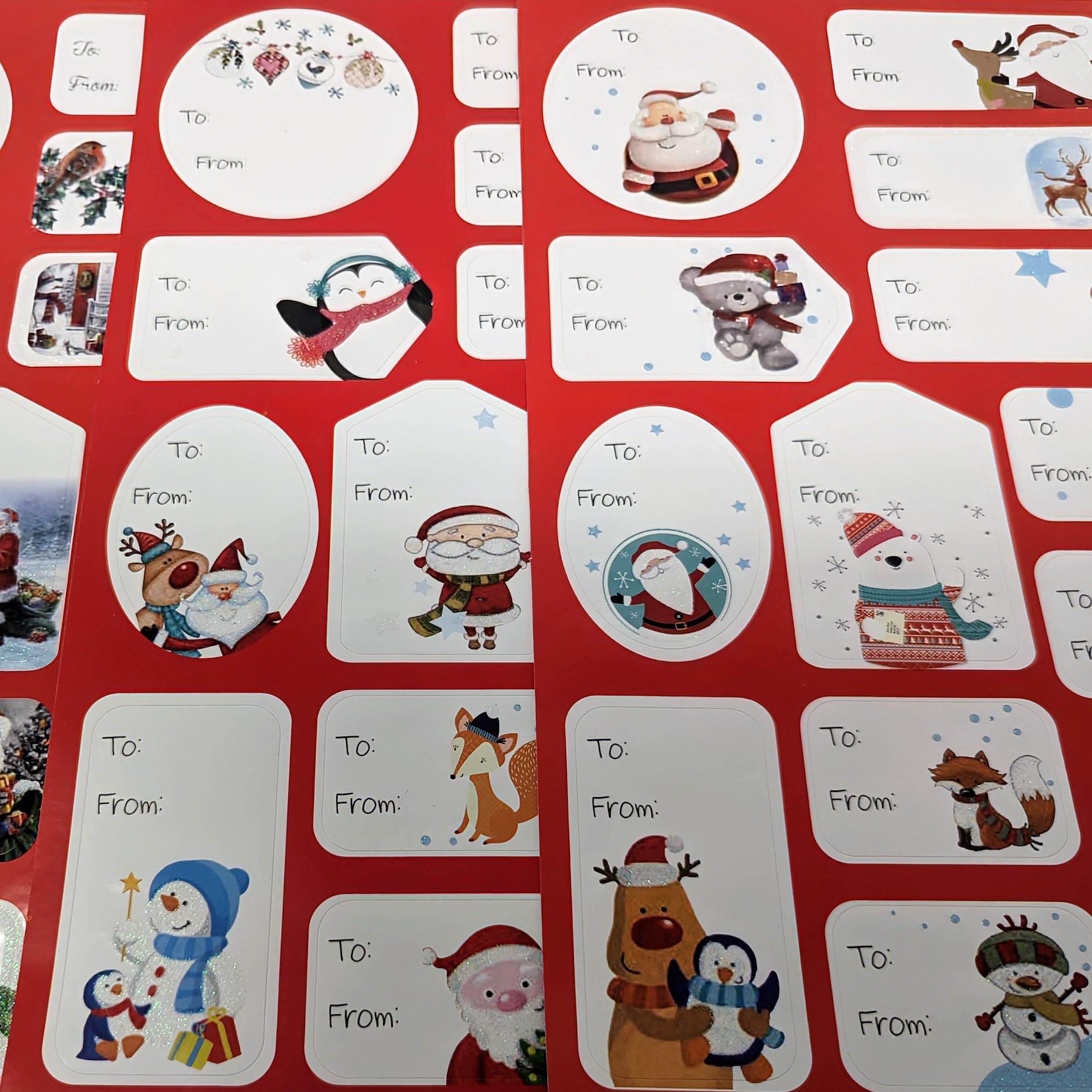 150 Christmas Gift Label Stickers – Glitter Finish – Red & White Theme – Assorted Sizes (4–6cm) – Santa, Snowman, Penguin, Reindeer – Modern & Traditional to/from Tags for Kids & Family