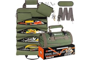 HOUSETEC Roll Up Tool Bag-Gifts For Men Dad Husbands Him, Father's Day Birthday Gifts For Men, Heavy Duty Tool Organizer Bag With 2 Detachable Pouches Mechanic Carpenter (Green)