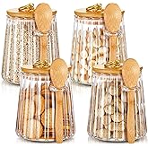 Pinkunn Set of 4 Glass Stripe Sugar Container with Bamboo Spoons 20 Fl oz Coffee Bar Accessories with Lids Coffee Sugar Container Set for Kitchen Food Storage Beans Powder(Taper)