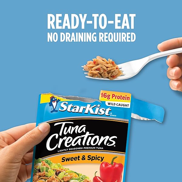 STARKIST TUNA CREATIONS SWEET AND SPICY, 2.6 OZ POUCH (1 PACK) READY TO EAT WILD CAUGHT TUNA, 16G PROTEIN, 90 CALORIES PER SERVING, GLUTEN FREE, SOY FREE, KOSHER, PERFECT FOR SALADS, MEALS AND SNACKS