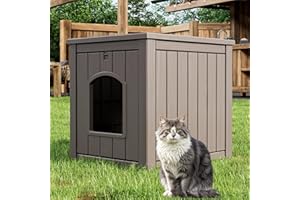 LHBcraft Outdoor Cat House Weatherproof for Winter Outside, Feral Cat Houses for Outdoor Indoor Cats Shelter, Sturdy Resin Shelter for Garden, Patio, Easy to Assemble, Grey