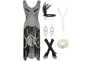 ESRTYERYH WOMEN COSTUME 1920s Gatsby Sequin Fringed Paisley Flapper Dress with 20s Accessories Set