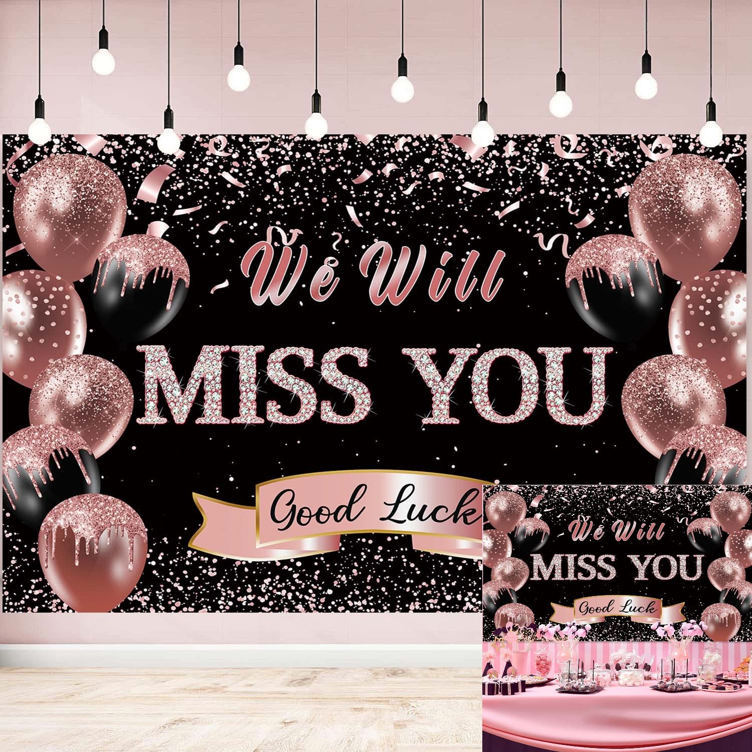 Photo 1 of Retirement Farewell Party Backdrop We Will Miss You Rose Gold Glitter Balloon Photography Background Goodbye Going Away Retirement Bye Office Work Graduation Party Decoration 7x5FT