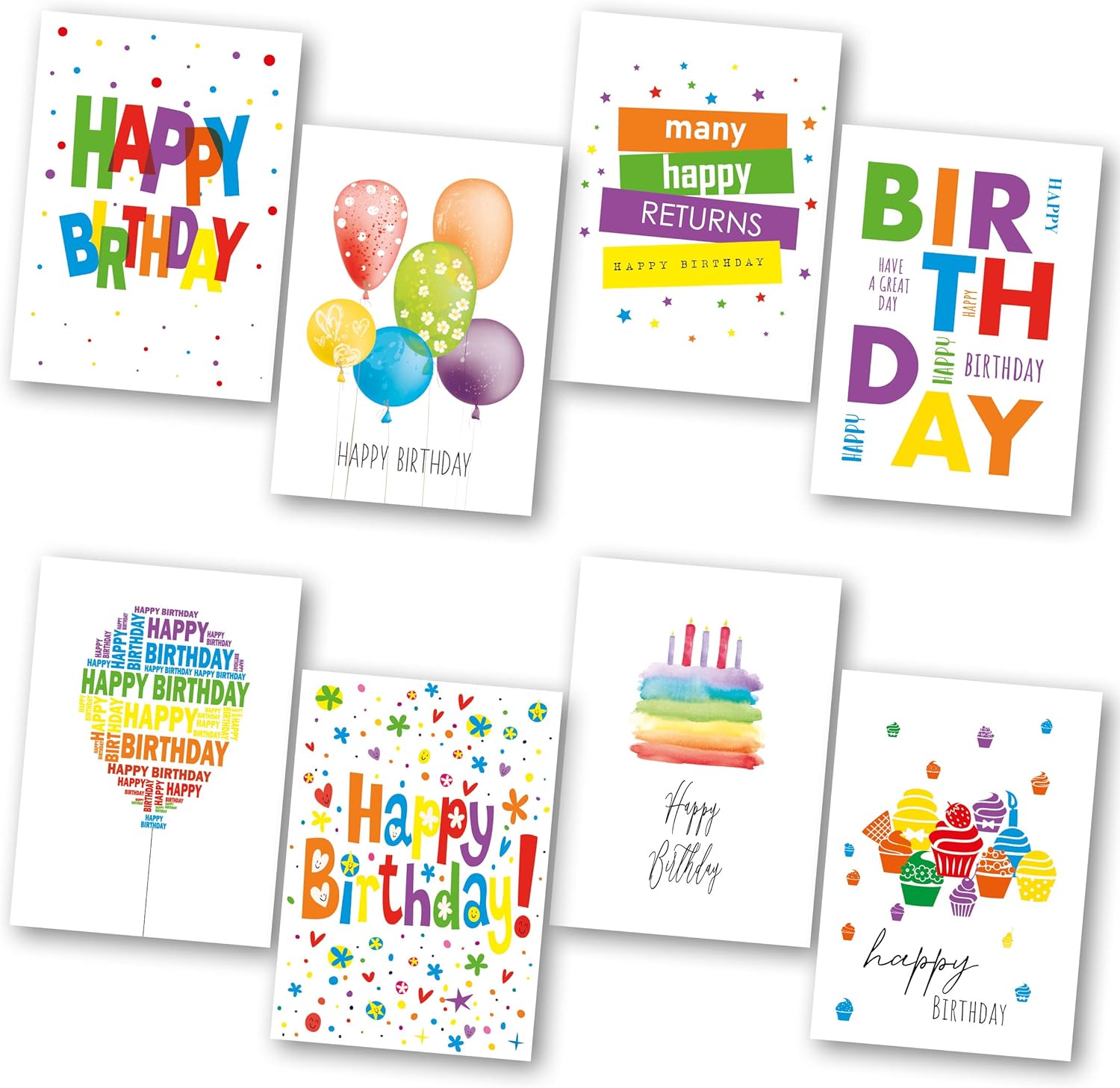 Birthday Cards Multipack of 32. Each Birthday Card Box Includes 8 Colourful Happy Birthday Card Designs. Blank Inside. Bulk Birthday Cards and Envelopes by Absolutely Yours