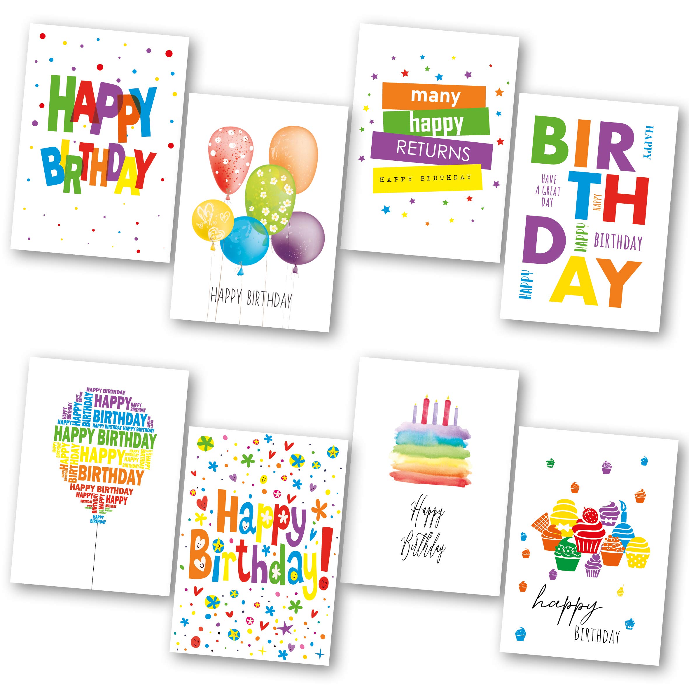 Birthday Cards Multipack of 32. Each Birthday Card Box Includes 8 Colourful Happy Birthday Card Designs. Blank Inside. Bulk Birthday Cards and Envelopes by Absolutely Yours.