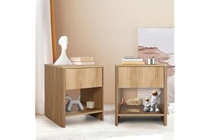 affeivul Modern Night Stand Set 2 with Drawer, Boho Nightstand for Bedroom, Small End Table with Storage, Living Room/Bed Side Table with Drawer for Small Spaces, Fluted Cabinet Wood Nightstand