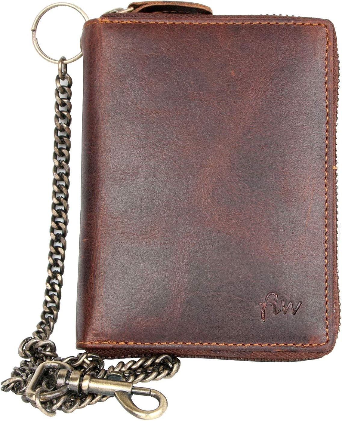 FLW Men's Genuine Leather Biker's Wallet with Metal Chain to Hang, Tan