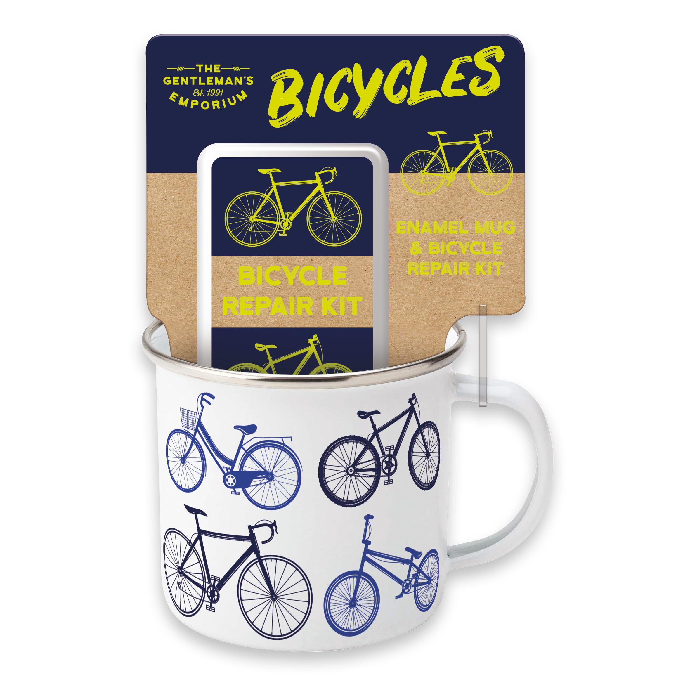 Robert Frederick Gentleman’s Emporium Enamel Bicycles Mug and Puncture Repair Set Gift Set for Cycling Enthusiasts