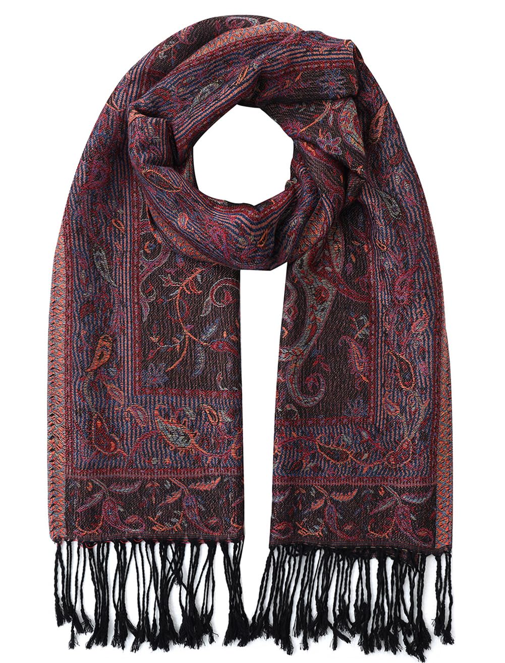 Photo 1 of Umjetnost Womens Soft Silky Pashmina Rave Scarf Paisley Pattern Pashmina Shawl Wrap with Fringes (Black Pink Paisley)