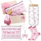 Boao 5 Pcs Pink Coquette Gift Set with Glass Cup, Socks, Cosmetic Bag Keychain Coquette Stuff Thank You Gift Box for Girls Women