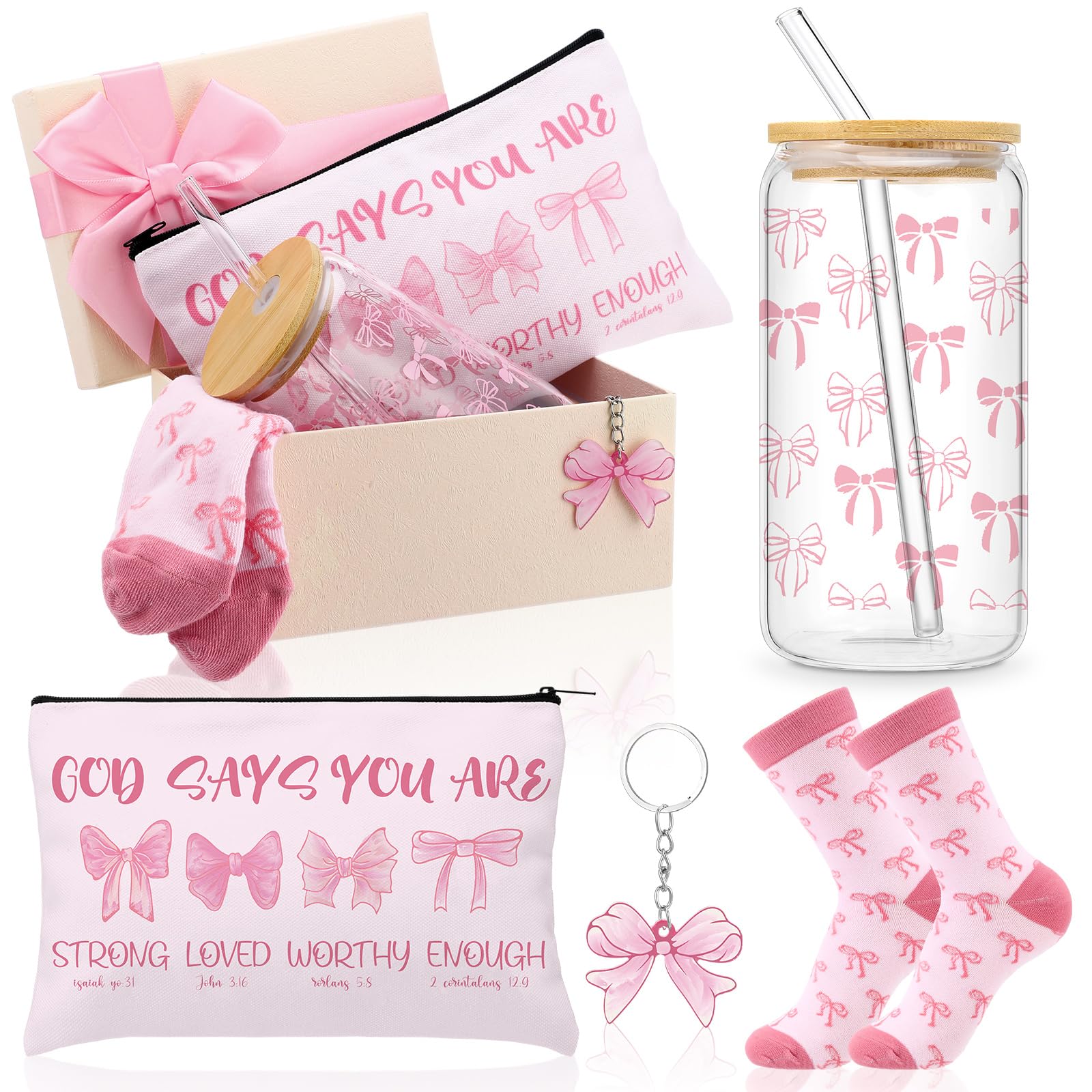 View 1 of ***CUP (NO STRAW) AND COSMETIC BAG ONLY***Boao 5 Pcs Pink Coquette Gift Set with Glass Cup, Socks, Cosmetic Bag Keychain Coquette Stuff Thank You Gift Box for Girls Women