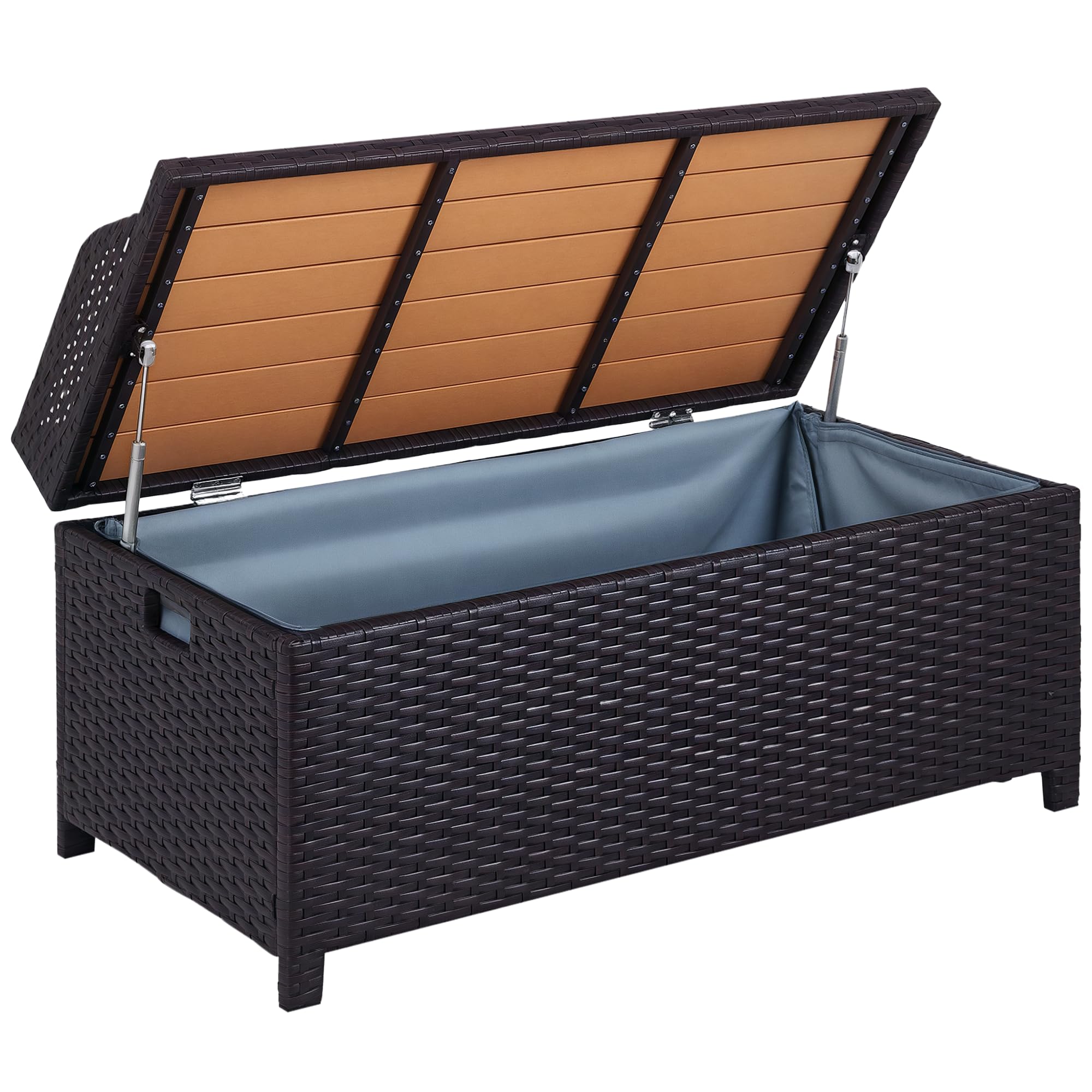 Outsunny PE Rattan Outdoor Storage Benches, Aluminium Garden Bench with Storage Underneath w/Zipped Inner Lining, Rods for Deck, Patio, Mixed Brown