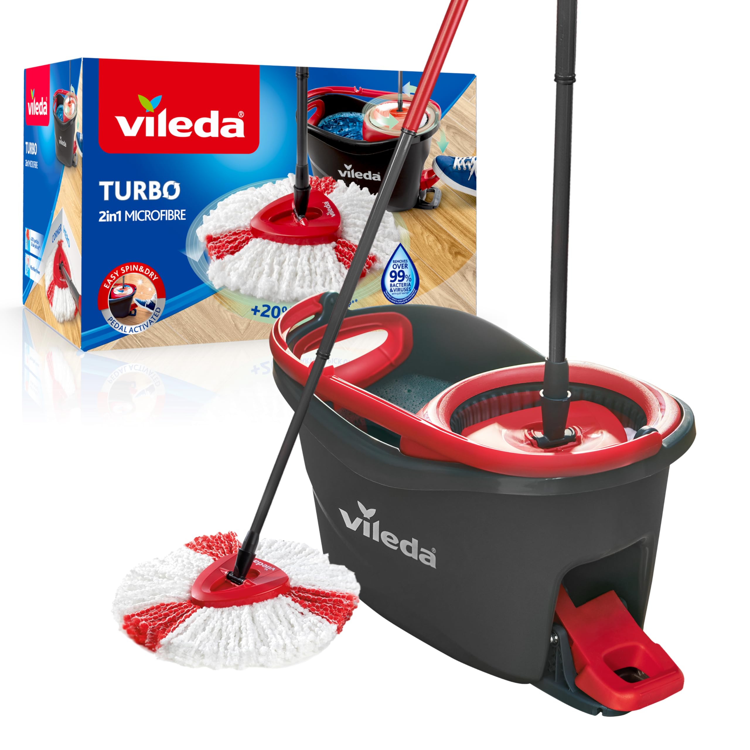 Vileda Turbo 2in1 Spin Mop & Bucket Set with Foot Pedal | Telescopic Handle (Up to 123cm) & 2‑in‑1 Microfibre Mop Head | Deep-Cleaning Spin Mop for All Hard Floors | Removes 99% of Dirt with Water