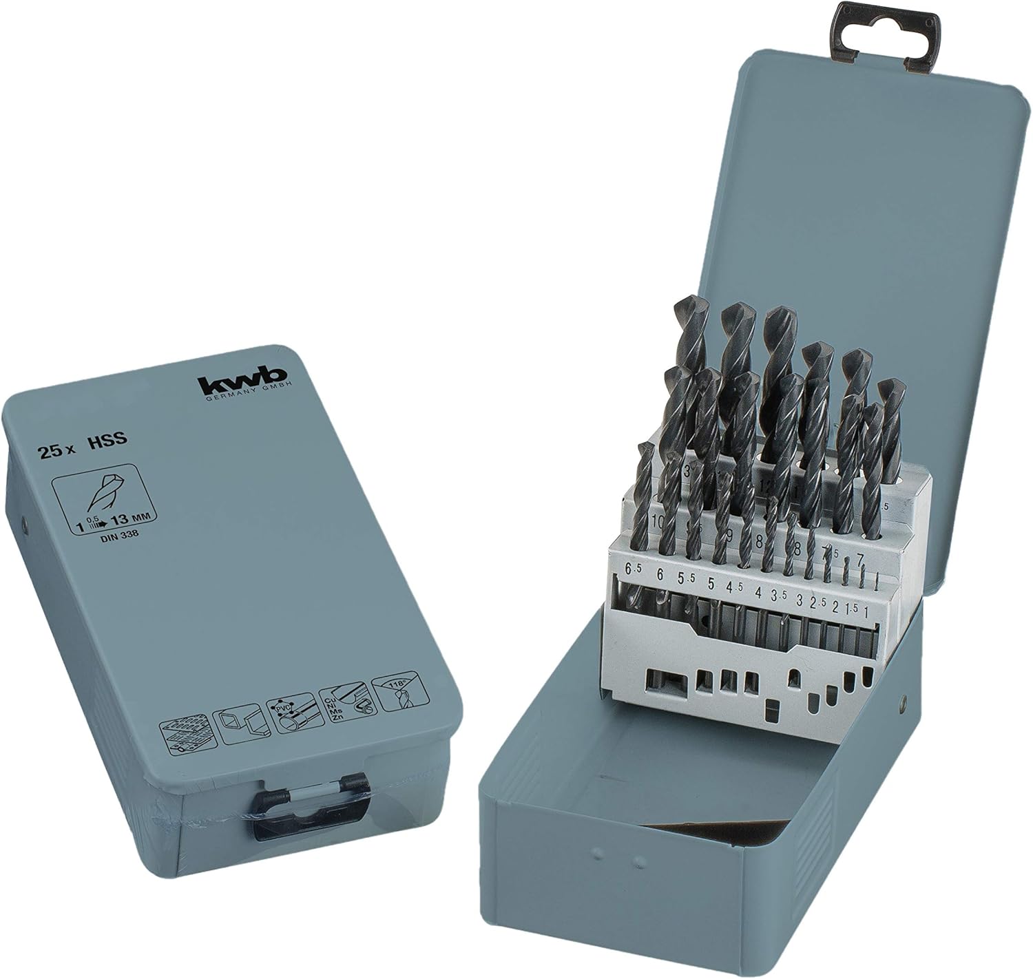 Kwb KRAFTIXX HSS Metal Drill Bit Set - Drill Bit Set, 25 Pieces, diameter 1 to 13 mm (Pitch 0.5 mm), Multicolor, HSS rollgewalzt