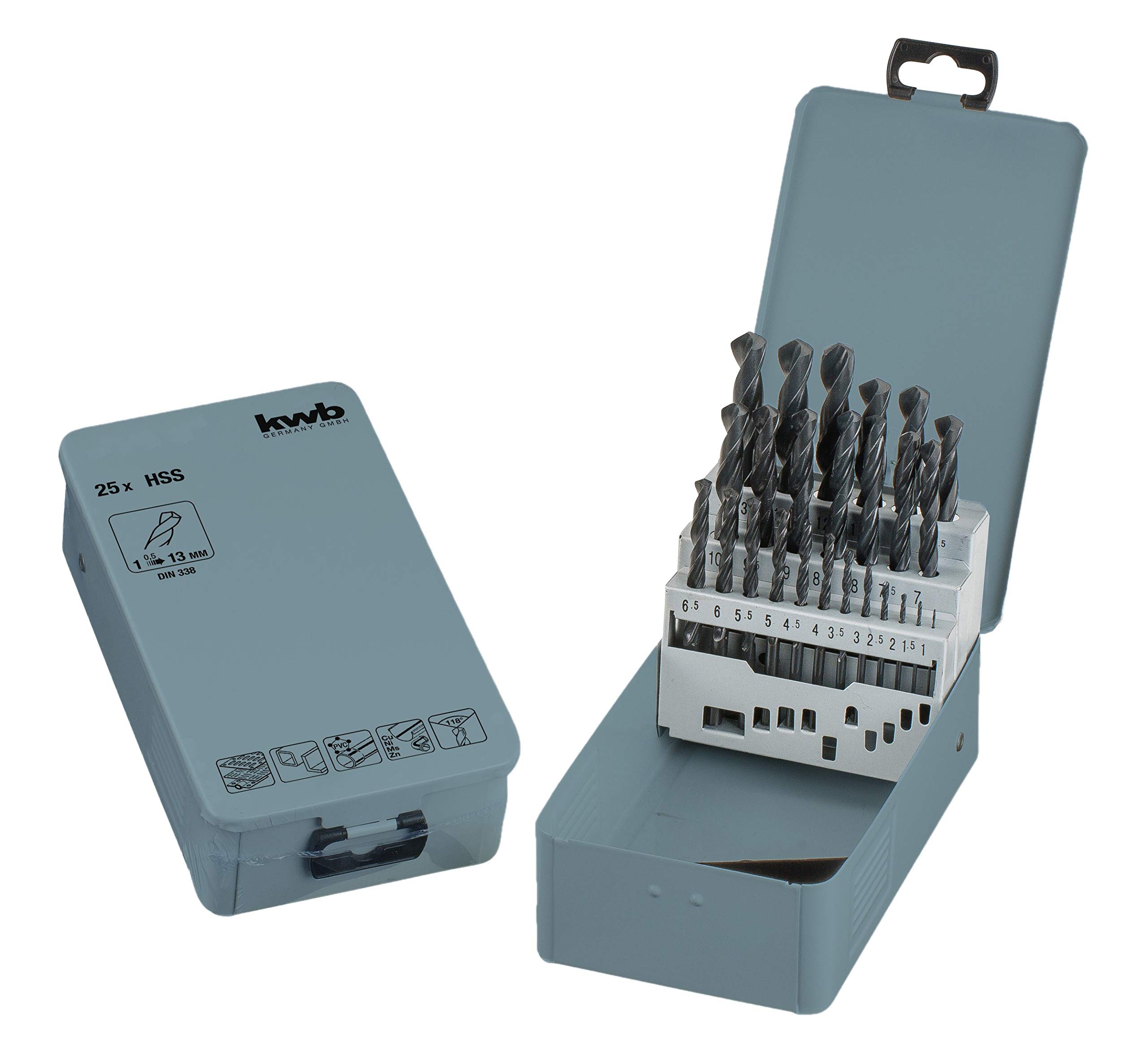Kwb KRAFTIXX HSS Metal Drill Bit Set - Drill Bit Set, 25 Pieces, Ø 1 to 13 mm (Pitch 0.5 mm)