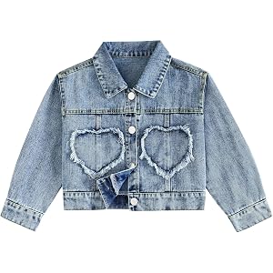 Ecolala Girls Denim Jacket Cute Heart Ripped Long Sleeve Button Down Jean Coat Outerwear