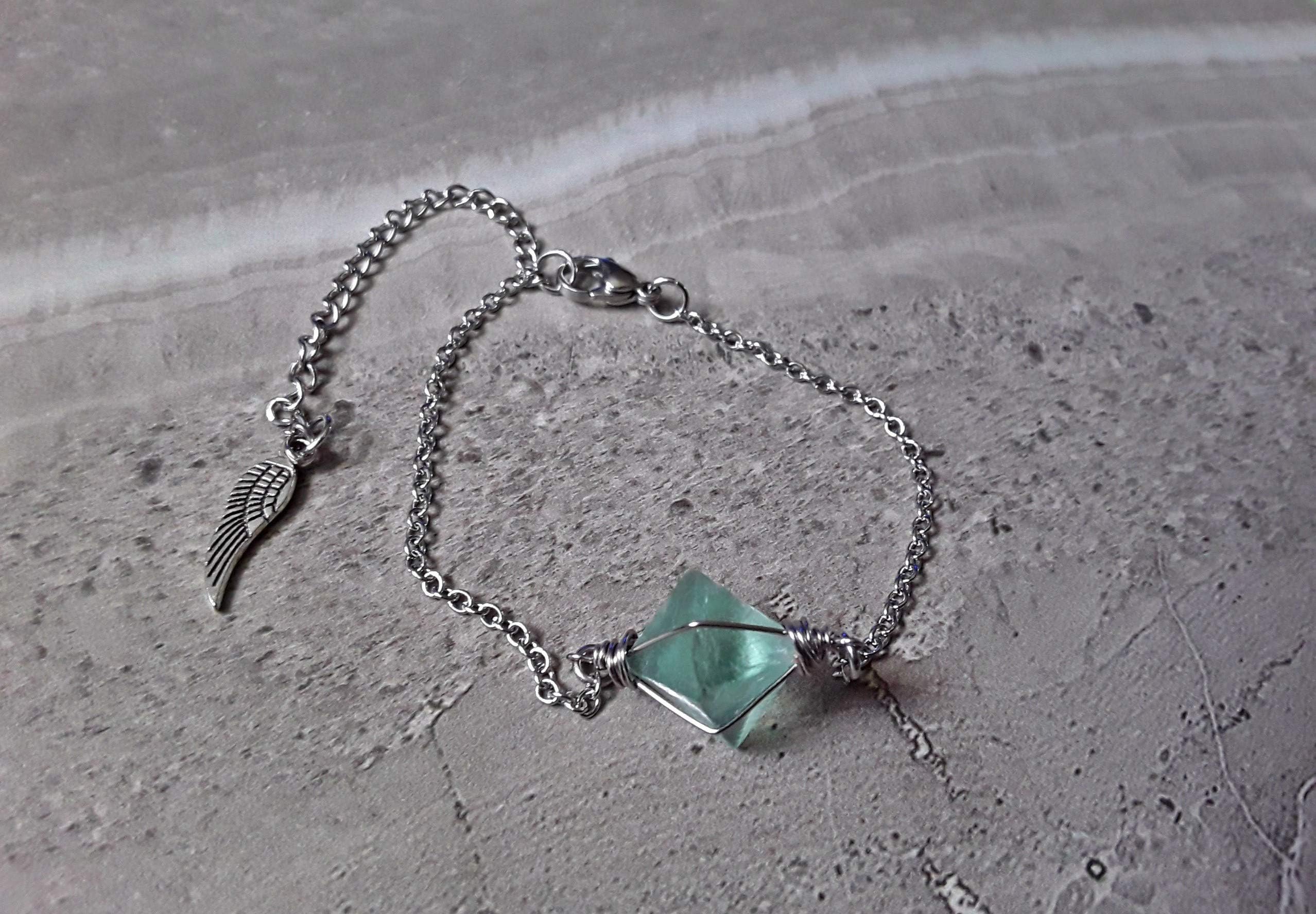 Natural Aquamarine Fluorite Wire Wrapped Octahedron Stainless Steel Bracelet