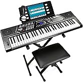 RockJam RJ5061 61 Key Keyboard Piano Kit with Stand, Bench &amp; Headphones | Beginner electric keyboard piano set with pitch bend, LED panel, Simply Piano lessons and note stickers, all included