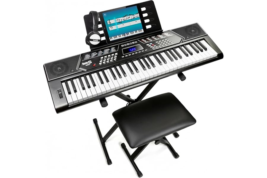 RockJam 61 Key Keyboard Piano Stand With Pitch Bend Kit, Piano Bench, Headphones, Simply Piano App & Keynote Stickers