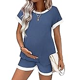 Ekouaer Maternity Pajamas 2 Piece Outfits Waffle Knit Short Sleeve Tops and Shorts Loungewear Set Pregnancy Clothes