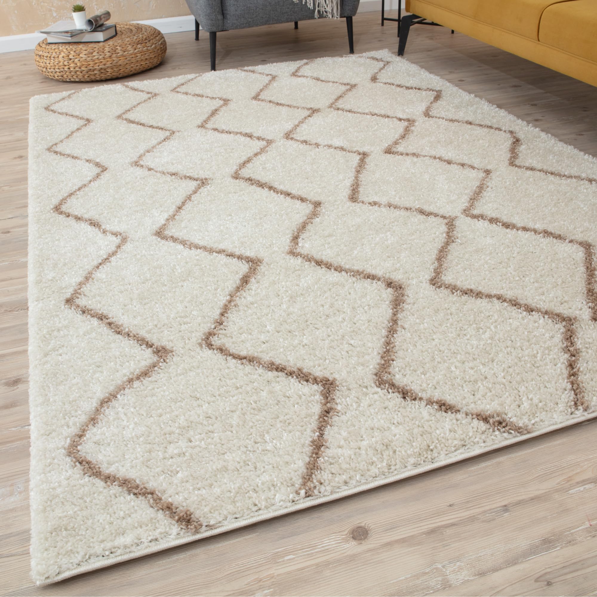THE RUGS Modern Moroccan Design Living Room and Bedroom Rugs, Non-Shedding & Easy Care (Boho Ivory/Beige, 120 cm Square)