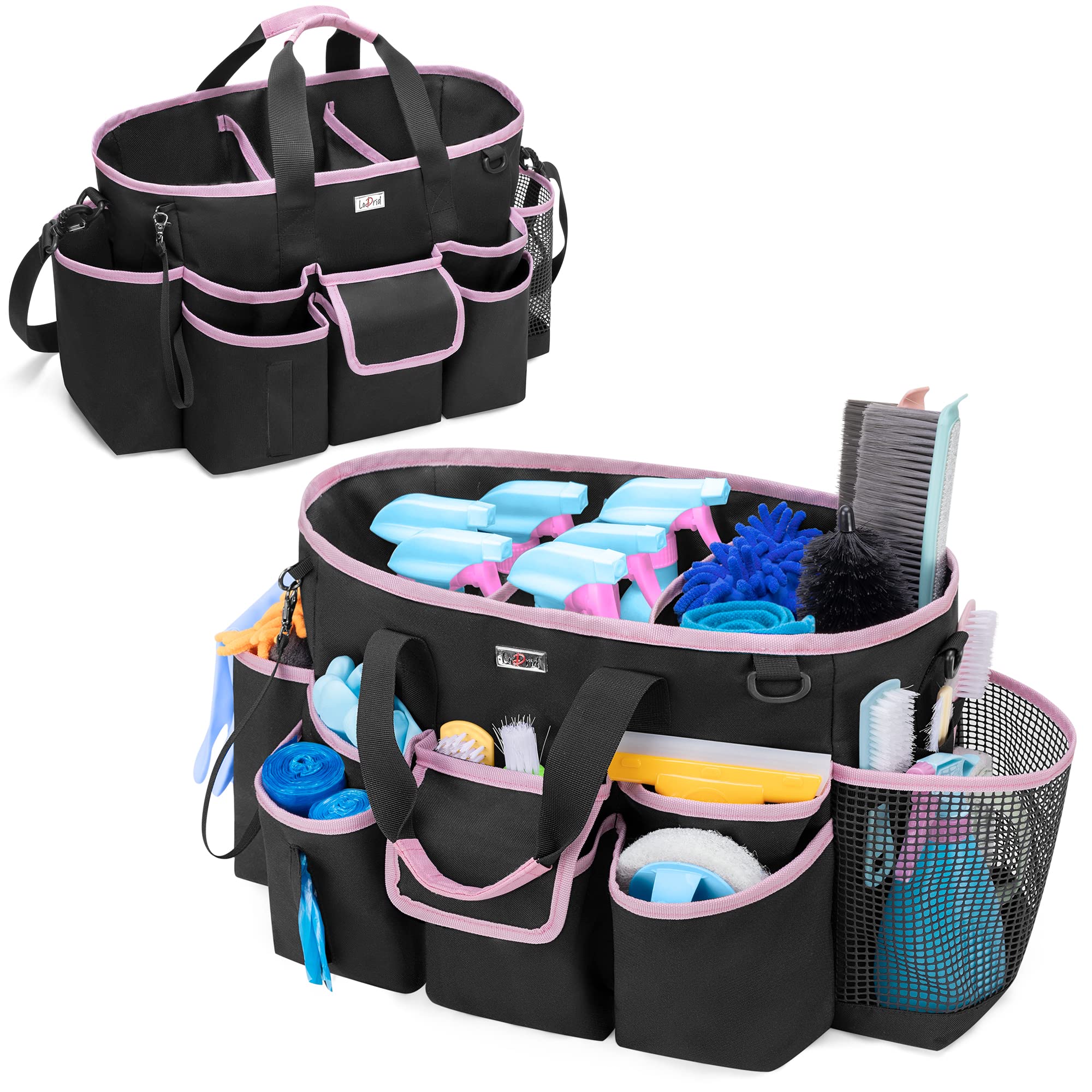 LoDird Cleaning Caddy Bag with 3 Compartments and Multifunctional Pockets, Cleaning Supplies Organizer for Cleaning Work with Handle and Shoulder Strap, Black and Pink