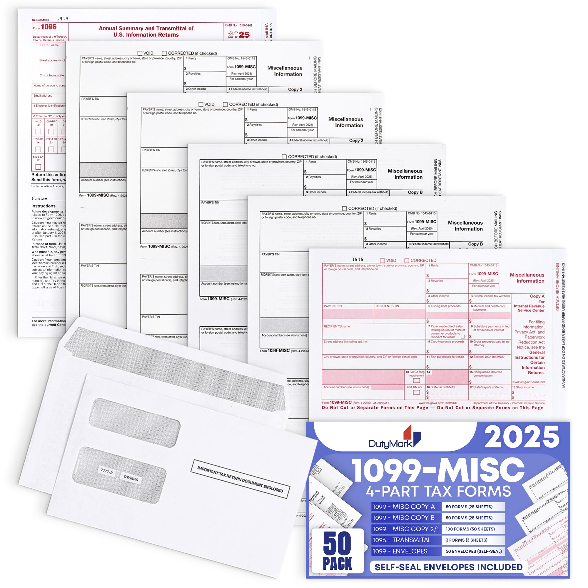 Photo 1 of 1099 MISC Forms 2025 with Envelopes, 4 Part Laser Tax Forms, 50 Vendors Kit with 50 Self-Seal Envelopes – Compatible for QuickBooks and Accounting Software, with 3 1096 Included, 50 Pack MISC 2025