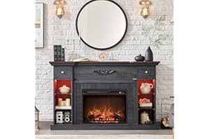 IFBUY 54" Farmhouse Electric Fireplace with Mantel, 33" Tall LED Fireplace TV Stand w/7 Lighting Colors, 23'' Freestanding Electric Fireplace Heater, Open Adjustable Shelves & Drawers, Grey
