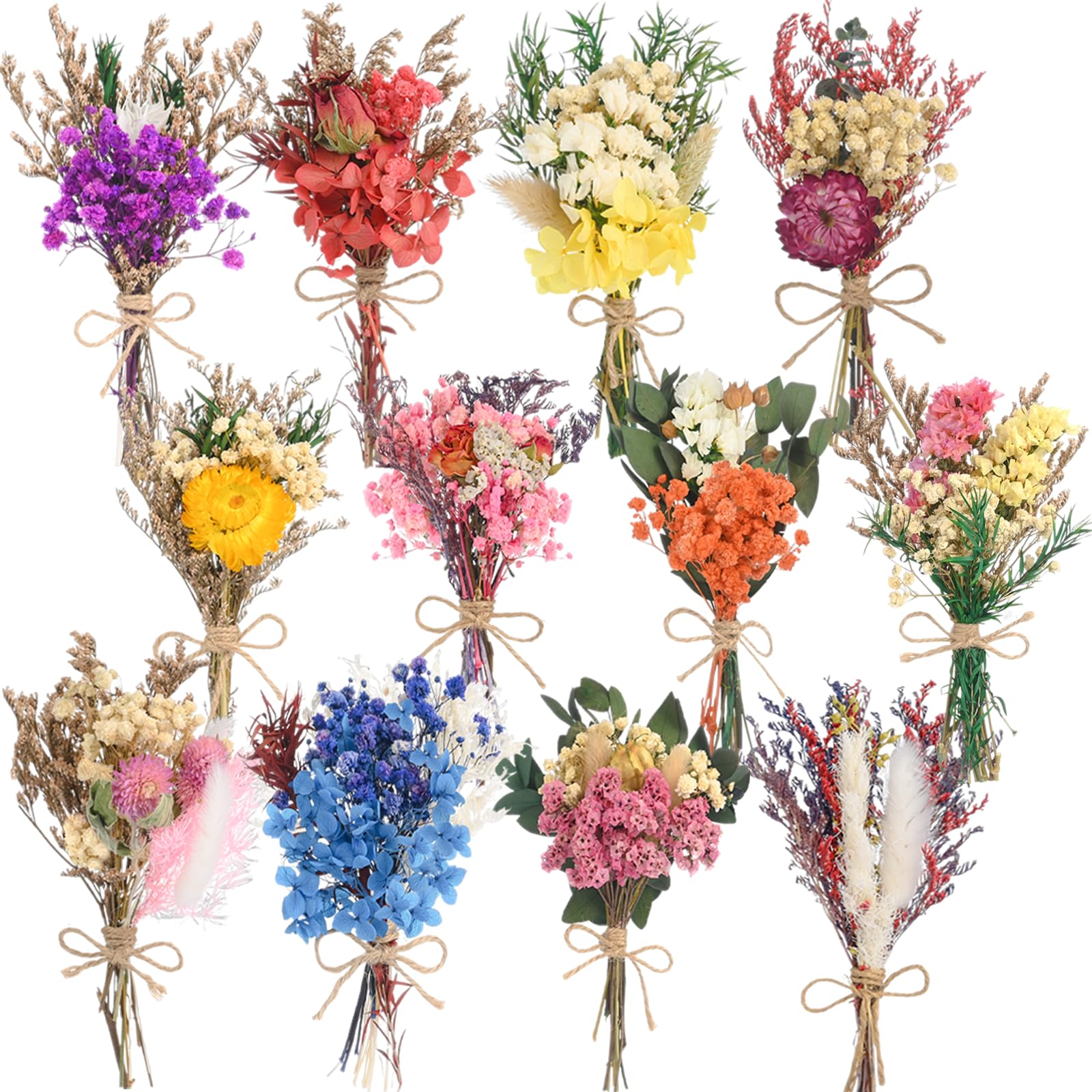 Photo 1 of 12 Pack Dried Flower Bouquet Various Series Natural Dried Wildflowers Spring Flower Summer Flowers with Stems Mini Multi-Colored Dry Flower for Vase, Resin Crafts, Home and Office Decor,Boho Wedding