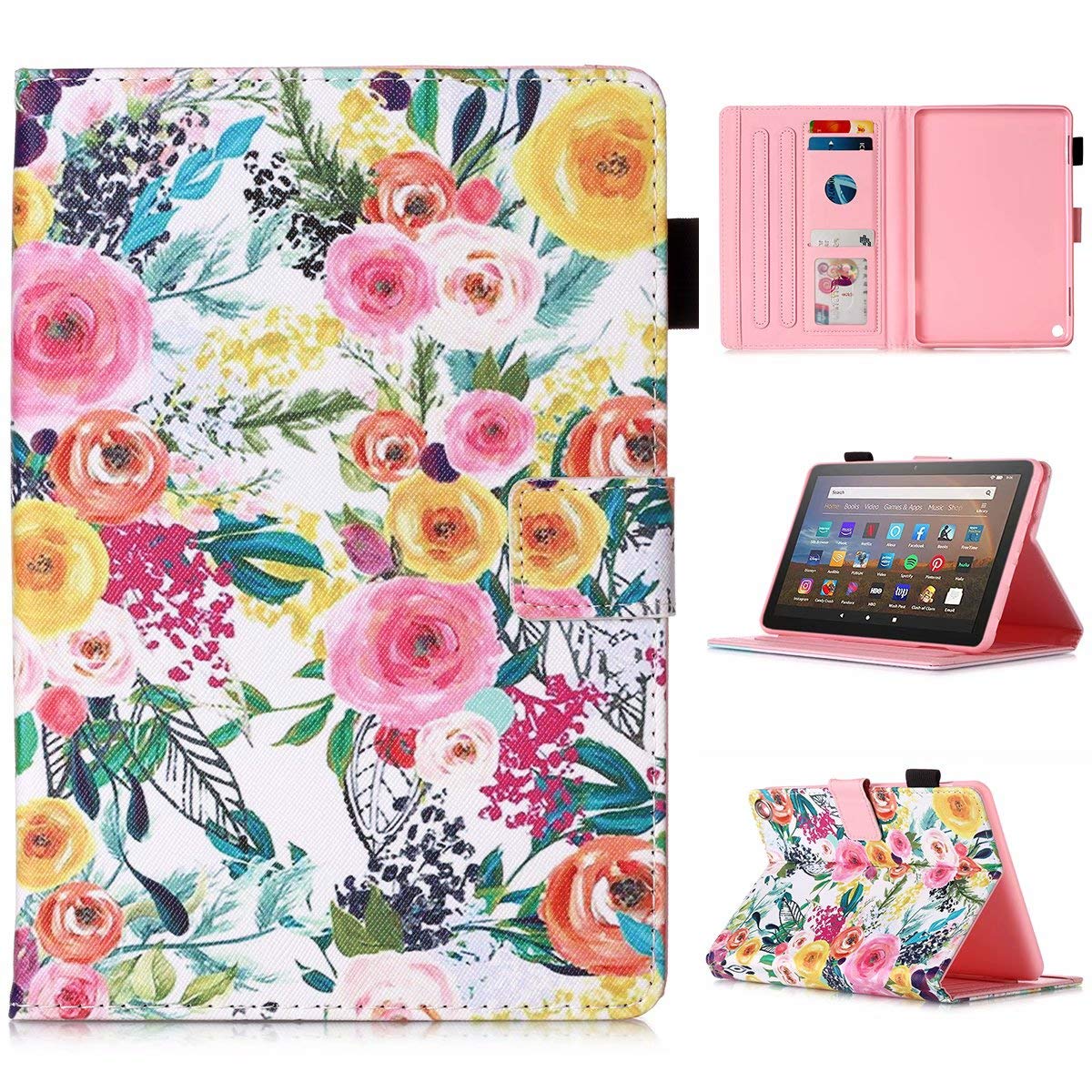 MOKASE Case for Amazon Kindle Fire HD 8/8 Plus Tablet (Fit 2024 2020 2022 12th/10th Generation), Slim PU Leather Cover, Smart Auto Wake/Sleep with Stand&Card Holder for Fire HD 8/8 Plus, Rose Flower