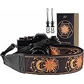Padwa Lifestyle Helios Moon God Camera Strap -2" Full Grain Leather Ends Camera Straps for Photographers, Vintage Embroidered Cotton Weave Soft Suede Fabric Padded Strap Quick Release fits All Cameras