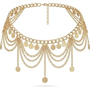 ETZRUNO Gold Chain Belt, Tassel Coin Pendant Waist Jewelry, Multilayer Boho Belly Chains For Women, Adjustable Dress Bikini B