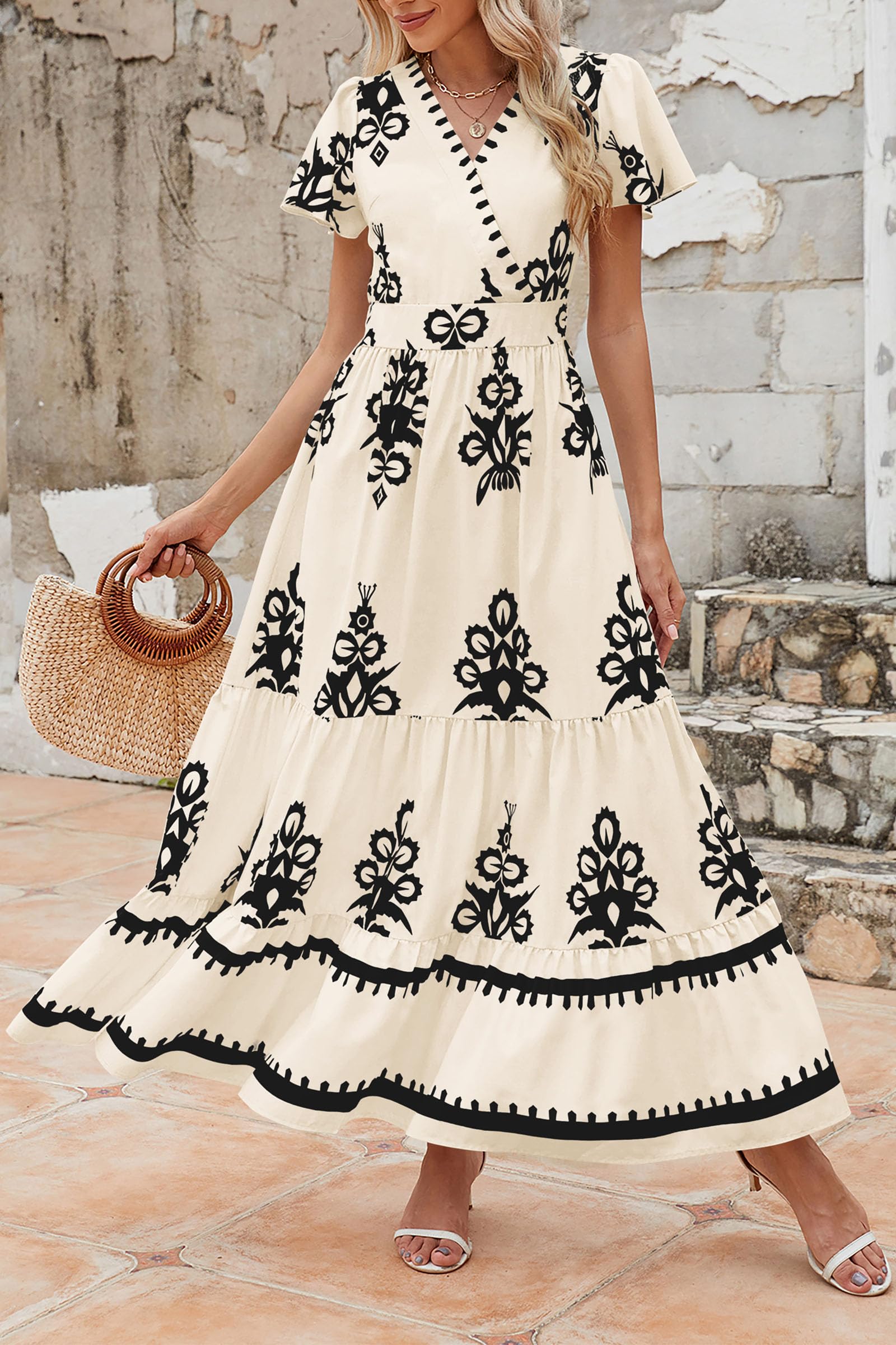 PRETTYGARDEN Womens Summer Casual V Neck Boho Maxi Dress Flowy Aline Bell Sleeve Tiered Floral Dresses with Pocket (Floral Apricot Black,X-Large) - Image 9