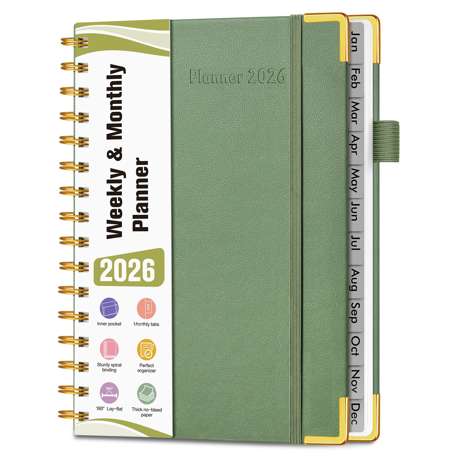 Photo 1 of 2026 Planner, Hardcover Leather Weekly and Monthly Planner, January 2026 - December 2026, Spiral Yearly Agenda Organizer Book 2026 with Tabs, Daily Calendar Planners for School Work Home, A5 (5.75" x 8.38"), Green